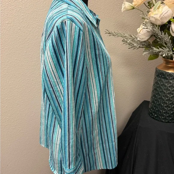 Allison Daley Teal Stripe Button Front Shirt 3/4 Sleeve Collared Blouse 12 - Picture 4 of 7
